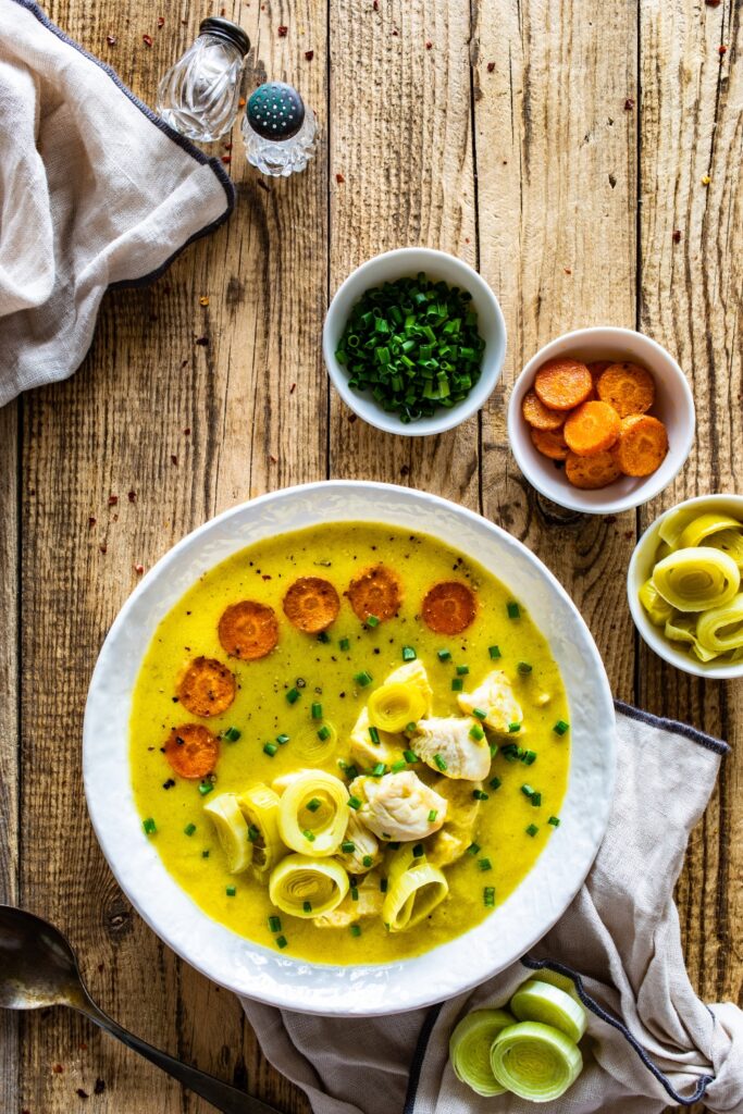 Leek Soup With Chicken Nuggets